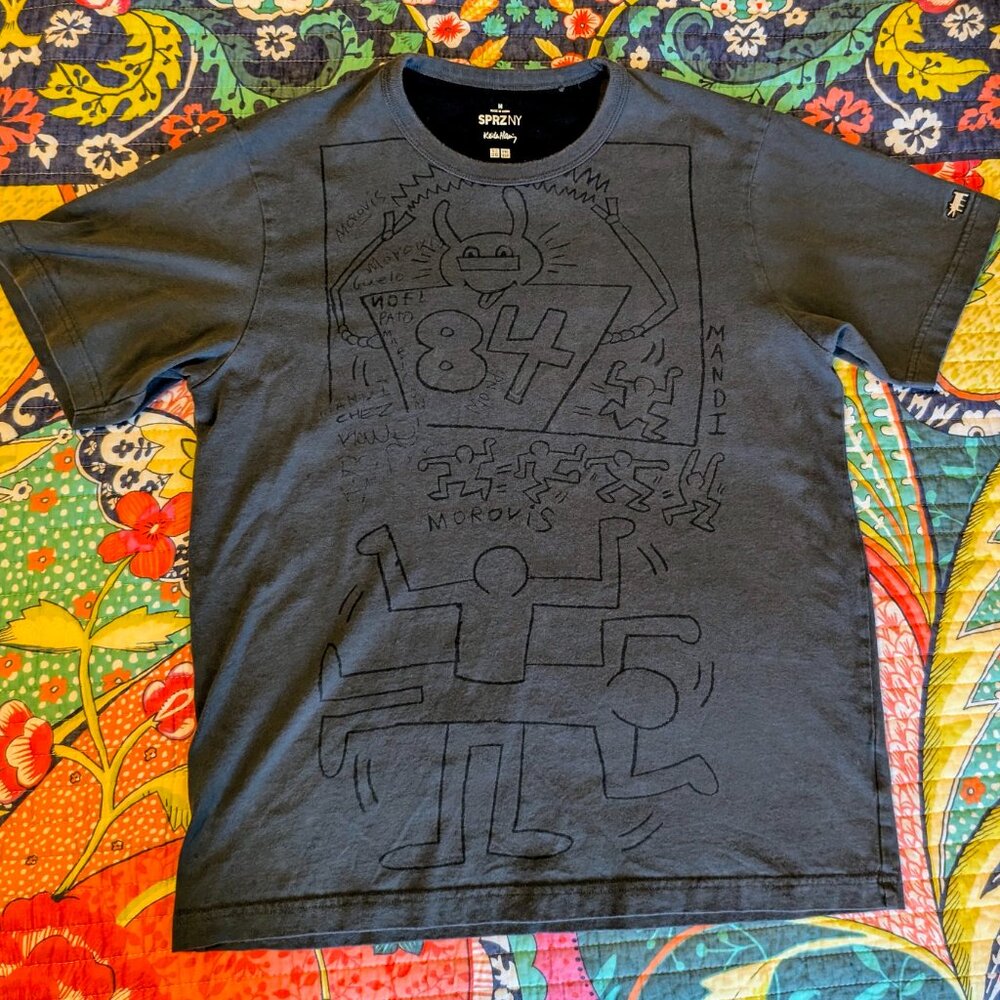 KEITH HARING Tshirt Distressed Gray Unisex SPRZNY - Size M
